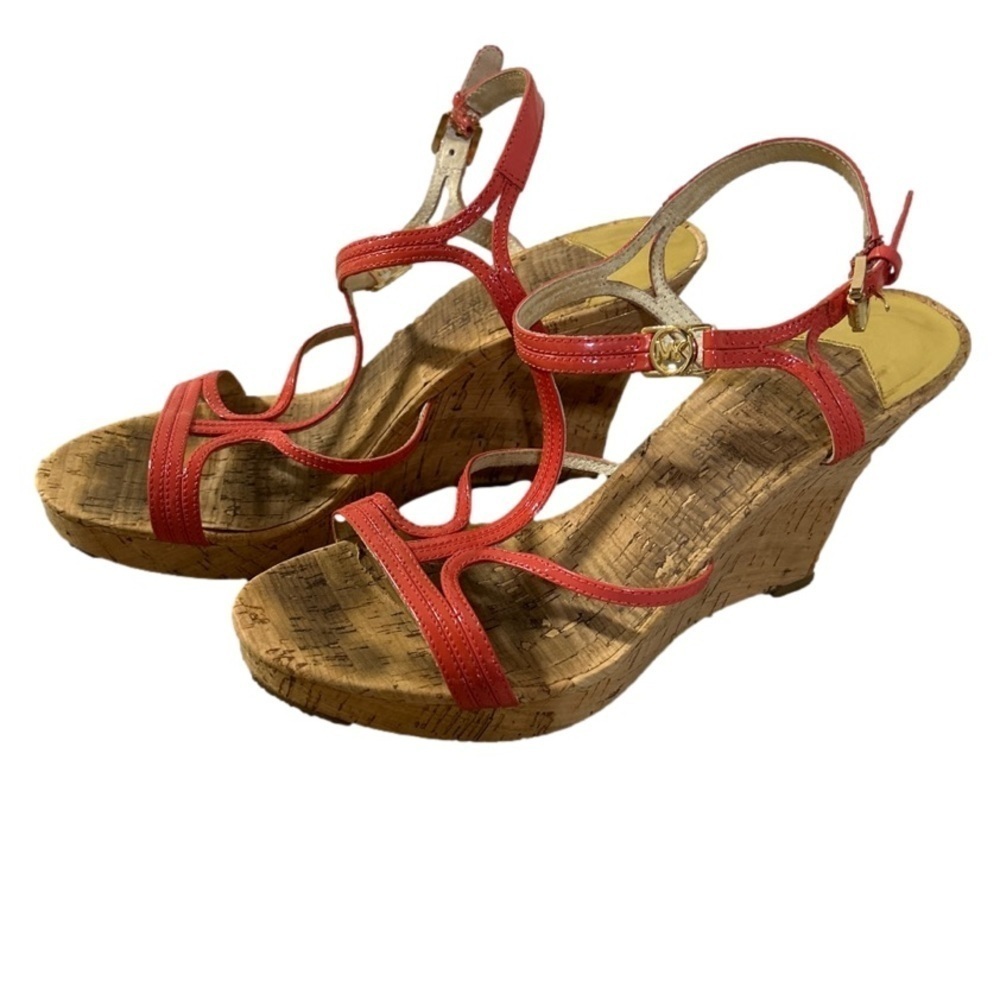Michael Kors coral pink wedges with gold buckle MK strap size 7.5
